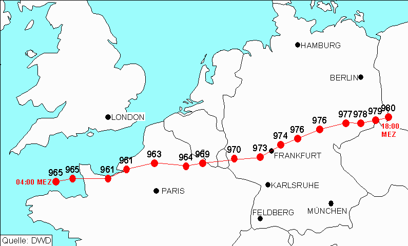3.3.4 Orkan Lothar Orkan Lothar zog am 26.12.1999 mit seinem Kern bei einem Druck von 973 hpa über das Rhein-Main-Gebiet.