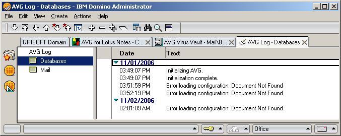 Auf der Verwaltungsoberfläche von Lotus Notes/Domino Server können Sie auf die AVG Logdatei über die Protokolldatenbank zugreifen.