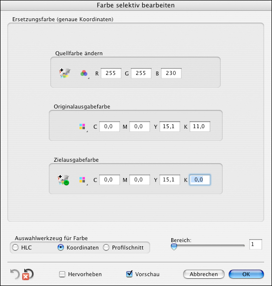 FIERY PROFILE EDITOR 74 Wie Sie sehen, hat die Farbe einen im Verhältnis zum Gelb-Wert sehr hohen Schwarz-Wert.