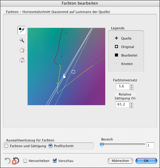 FIERY PROFILE EDITOR 77 9 Sehen Sie sich die Auswirkungen auf das Referenzbild an, indem Sie zwischen den Ansichten Ausgabe (Bearbeitet) und Ausgabe (Original) hin und her schalten.