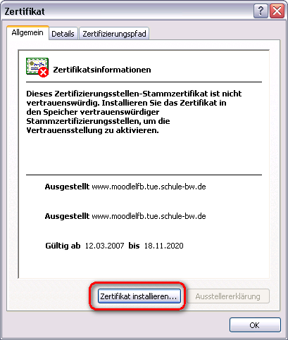 gang zukünftig zu vermeiden können Sie das Zertifikat nun dauerhaft in den Zertifikatsspeicher von Windows aufnehmen. Dazu klicken Sie neben der Adressleiste auf den Hinweis "Zertifikatfehler".