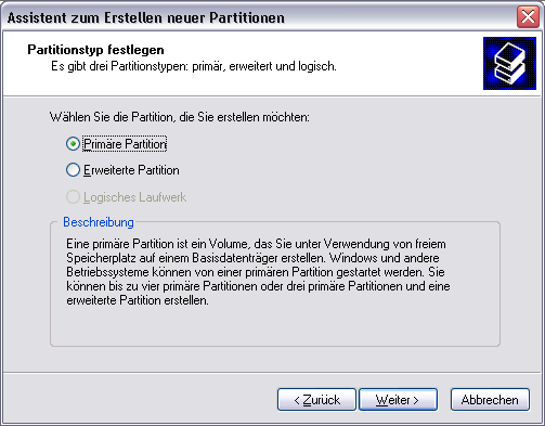 Partitionierung des Freecom Hard Drive XS.0 6. Wählen Sie "Primäre Partition" und klicken Sie auf "Weiter". 7. Jetzt können Sie die Größe der Partition einstellen.