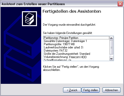 Freecom Hard Drive XS.0 9. Wählen Sie "Diese Partition mit folgenden Einstellungen formatieren".