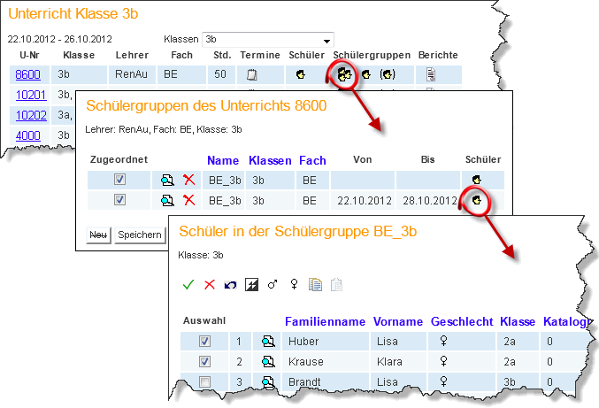Befristeter Unterrichtswechsel 191 Sollten Sie bei geteiltem Unterricht diese 'Gast-Schüler' noch einer speziellen Gruppe zuordnen wollen, so müssen Sie die entsprechende Schülergruppe editieren.