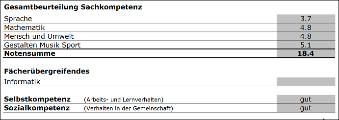Ober- und Realschule: Beispiel definitive Promotion Bereichsnote Sprache: Durchschnitt aller Sprachfächer, wobei Deutsch doppelt zählt: (4 + 4 + 3) : 3 = 3.