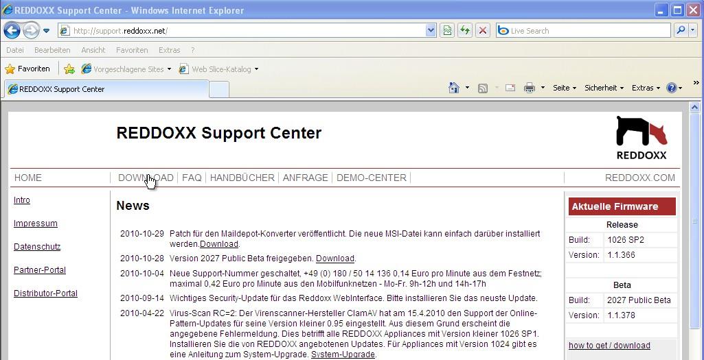 Nach Neustart der Appliance, gehen Sie bitte auf die REDDOXX Support-Webseite (http://support.reddoxx.net/downloads.