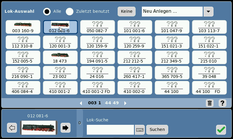 In diesem Beispiel ist nur eine Lokomotiven in der Zentrale eingetragen. Zum Übertragen der Lokomotivdaten müssen Sie die Lokomotiven in der oberen Liste markieren.