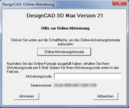 Aktivierung Nach dem ersten Start von DesignCAD erscheint das folgende Fenster und Sie werden zur Aktivierung Ihrer Software aufgefordert.