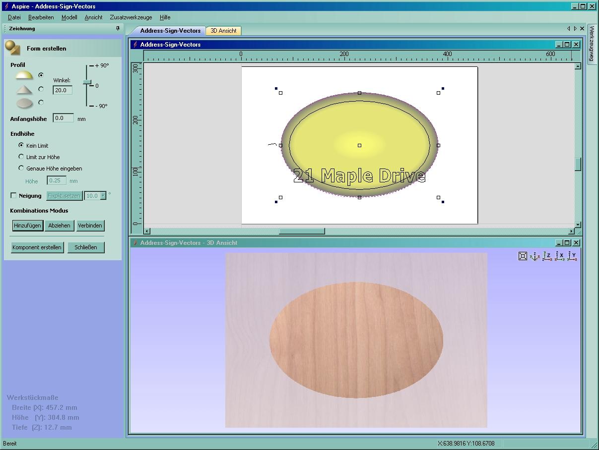 Sobald die Form berechnet wurde, wird die Graustufe in der 2D-Ansicht und die Rundform in der 3D- Ansicht angezeigt. 7. Klicken Sie auf die Schaltfläche Komponente erstellen unten in der Eingabemaske.
