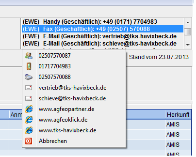 2.4 Telefonieren aus dem Fenster Kommunikation Klicken Sie mit der Maus einfach in das Fenster mit den Kommunikationsdaten. Dieses ist in der Kundenübersicht oder bei Aufgaben verfügbar.