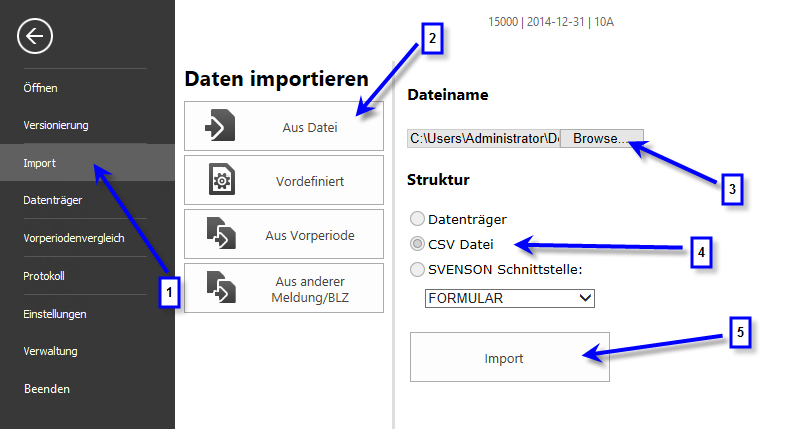 5.10 Import aus csv Datei In den aktuell geöffneten Bericht werden Positionen importiert.