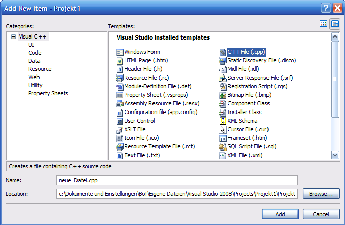 Im daraufhin erscheinenden Kontextmenü wählen Sie Add -> New Item... Ein Fenster erscheint, in dessen Template-Feld Sie C++-File (.cpp), bzw.