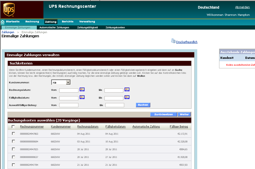 Registerkarte Zahlung Einmalige Zahlungen Im UPS Rechnungscenter können unter anderem einmalige Zahlungen getätigt werden.