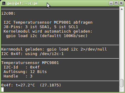 C Linux und Raspberry PI Beispiele 7/13 I2C Beispiele i2c00 Temperatursensor MCP9801 IC2 Temperatursensor MCP9801 abfragen: Beschreibung MPC9801: Pins: 1 SDA Bidirectional Serial Data 2 SCLK Serial