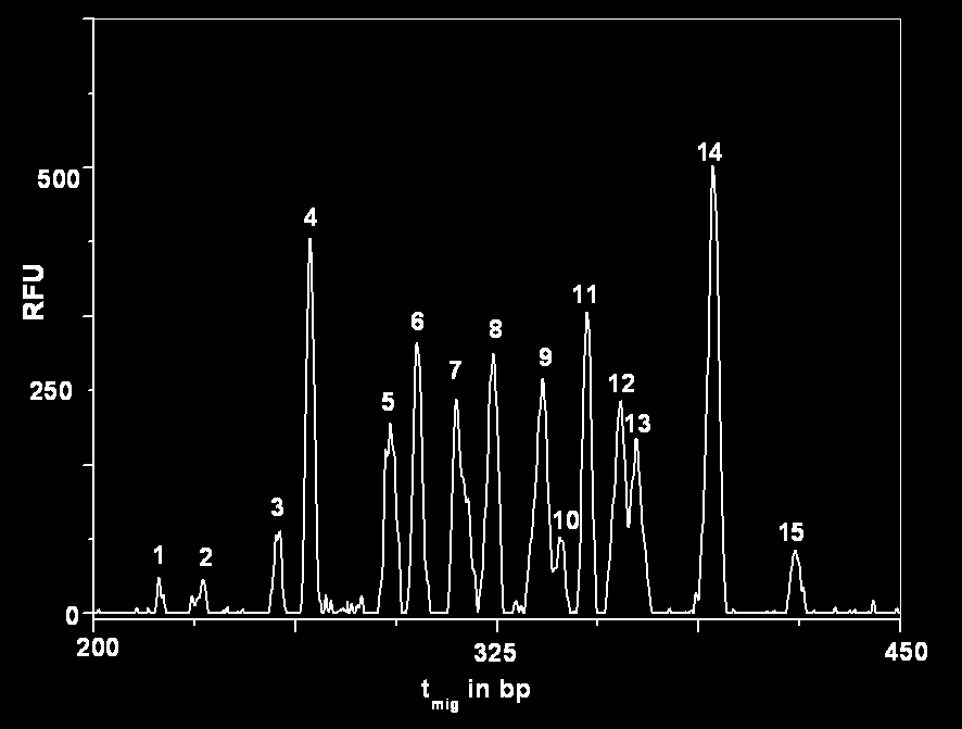 Abbildung 4-8: Ausschnitt aus dem HA N-Glykanfingerprint des H1N1-RKI repliziert in MDCK-Zellen (Rollerflaschenaliquot 2); dominante Peaks sind durchnummeriert Höhen und Flächen der nummerierten