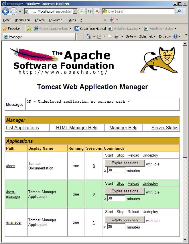 3.2.2 Deinstallieren Sie die alte hypermanager Java Webapplikation, indem Sie im Tomcat Manager in der Zeile mit dem Eintrag hypermanager bei der Spalte Display