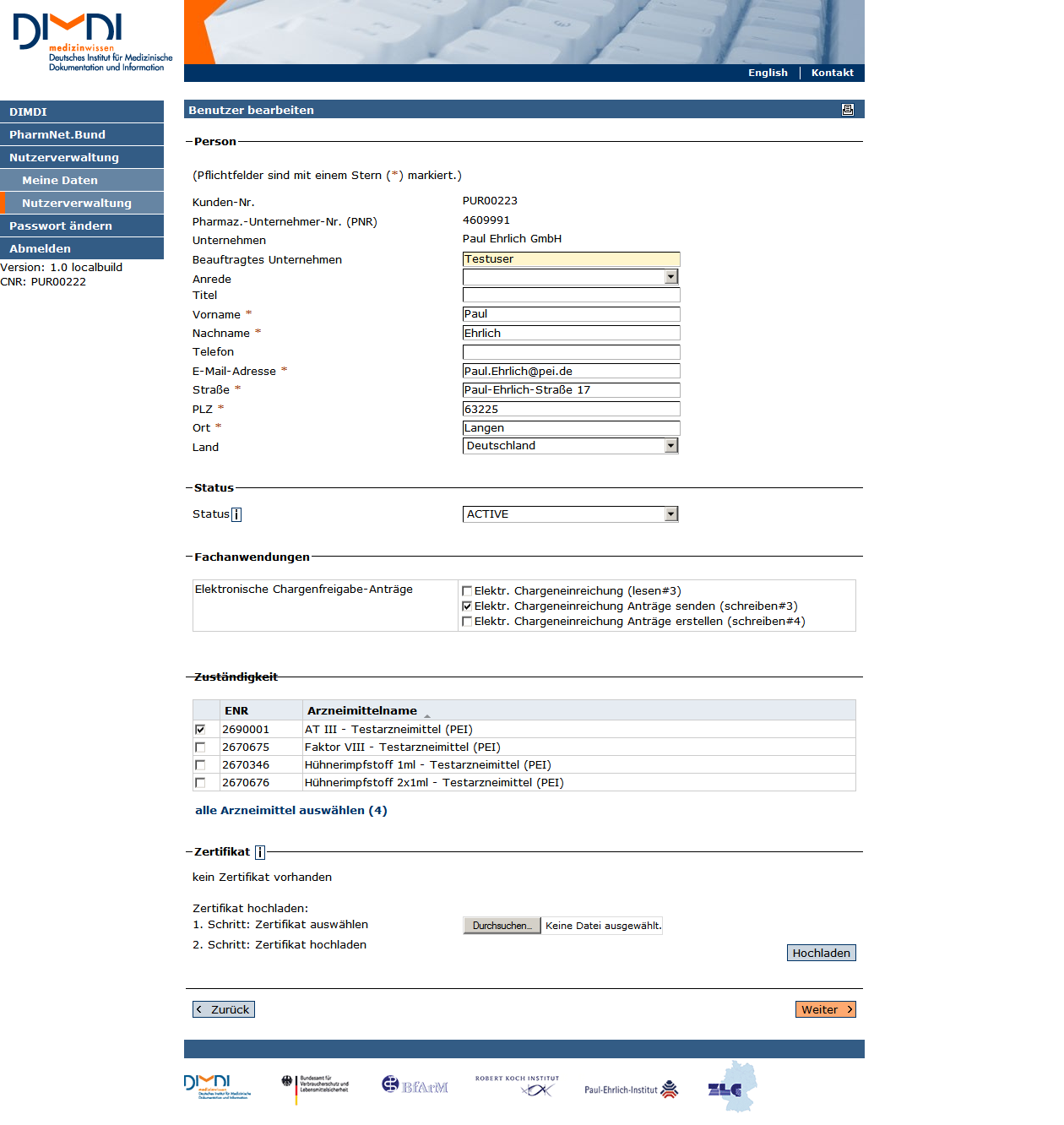 Abbildung 8: Bildschirm User hinzufügen Im Formular sind ggf. PNR und Unternehmensname vorbesetzt. Der orgaadmin trägt nun die Angaben für seine/n Kollegin/Kollegen ein.