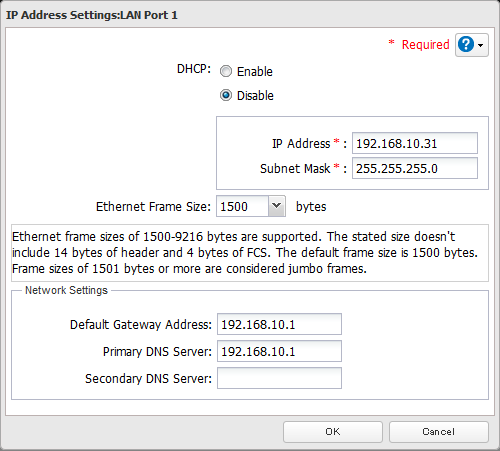 4 Deaktivieren Sie "DHCP", geben Sie die gewünschten Netzwerkadresseinstellungen ein, und klicken Sie dann auf [OK]. Hinweis: Folgende IP-Adressen sind reserviert und dürfen nicht verwendet werden.