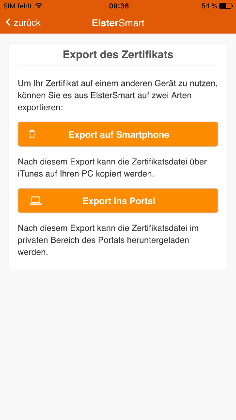 Im privaten Bereich von ElsterSmart ist der Export auf das Smartphone analog möglich, außer dass eine weitere PIN Eingabe nicht mehr erforderlich ist. Export ins Portal siehe 5.2.