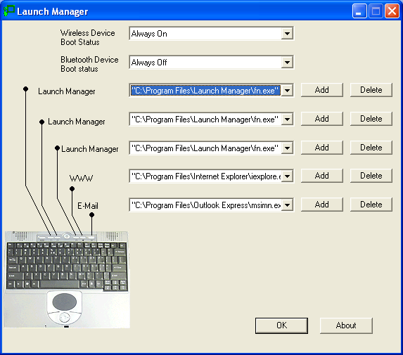 46 2 Anpassen Ihres Computers Launch Manager Mit Launch Manager können Sie die zwei Starttasten belegen, die sich über der Tastatur befinden.
