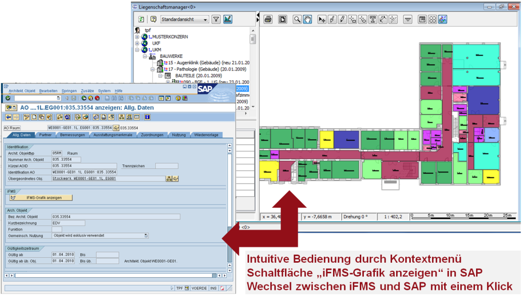 4 IFMS-STARTERKIT FÜR SAP RE-FX Abbildung auf die Architektonischen Objekte in SAP RE-FX (z.b. Areal-, Gebäude, Etage, Raum). Integration von CAD-Plänen für z.b. Außenanlagen und Etagen.