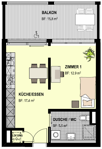 Haus A3, Wohnungstyp 2: Beispiel Grundriss 1.