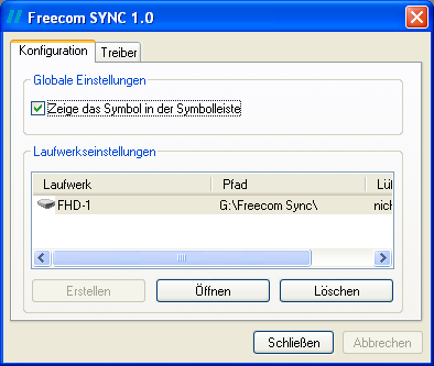FREECOM FH-1 4.3.1 Konfigurieren der Freecom SYNC 1.0 Software 1. 2. 3. 4 4. 6. 5. 7. Reiter "Konfiguration" 1. Wenn dieses Feld aktiviert ist, erscheint ein Symbol in der Symbolleiste. 2. as Freecom FH-1 externe Harddrive ist gerade angeschlossen und der SYNC Ordner ist installiert.