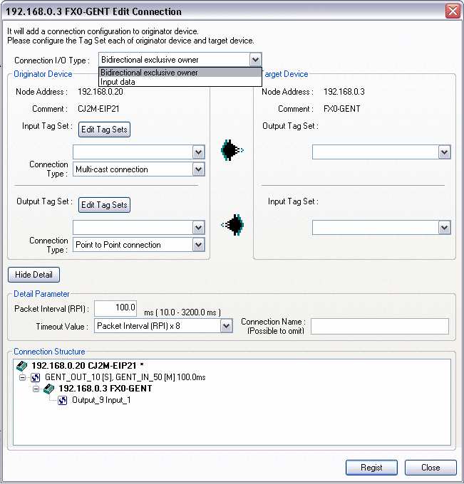 Device Parameters des CJ2M-EIP21 Bearbeiten der Verbindungsparameter Machen Sie einen Doppelklick auf das EtherNet/IP-Gateway in der Register Device