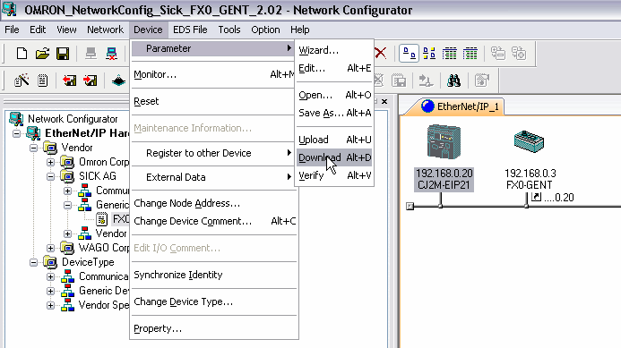 anschließend auf OK Bearbeiten der Verbindungsparameter Wählen Sie im Network Configurator den CJ2M-EIP21 aus.