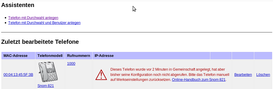 2.2.1 Telefon mit Durchwahl anlegen Klicken Sie auf diesen Link, wenn Sie ein neues Telefon mit einer neuen Durchwahl anlegen möchten.