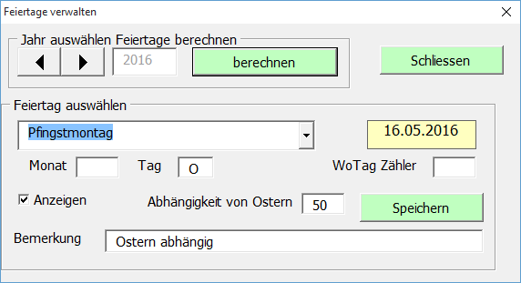 Mit dieser Taste erstellen Sie den Kalender in einer Tabelle. Nach der Eingabe des Jahres wird die aktuelle Tabelle ab Zeile 4 die Spalten A-D gelöscht und neu erstellt.