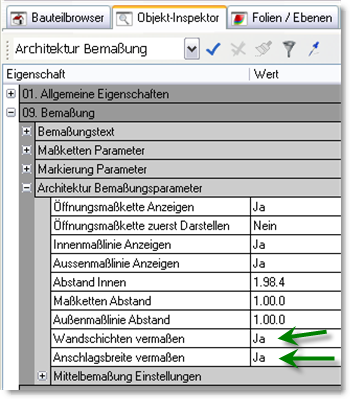 VIII. Architekturbemaßug im Objektispektor Die Eistellmöglichkeite der Architekturbemaßug im Objektispektor wurde erweitert.