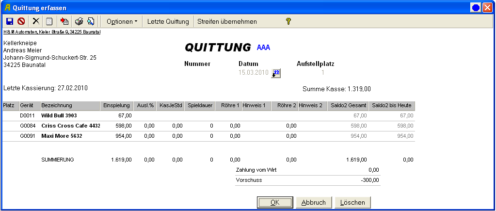 Quittung am PC oder Notebook erfassen Eine Quittung ist dafür gedacht, wenn Sie zum Aufstellplatz fahren und Geld holen, ohne eine Abrechnung erstellen zu wollen.