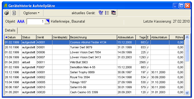 Info-Programme Folgende Info-Programme sind verfügbar: Gerätehistorie Aufstellplätze Gerätehistorie Geräte Abrechnungsspiegel Aufstellplätze Abrechnungsspiegel Geräte Gerätehistorie