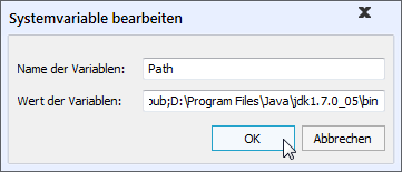 Abschließend muss Java in die PATH-Variable eingetragen werden. Dazu wird die Path- Variable ausgewählt und Bearbeiten... geklickt.