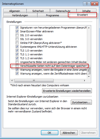 Öffnen Sie über Extras unter Internetoptionen den Reiter Erweitert und scrollen zum Ende des Fensters