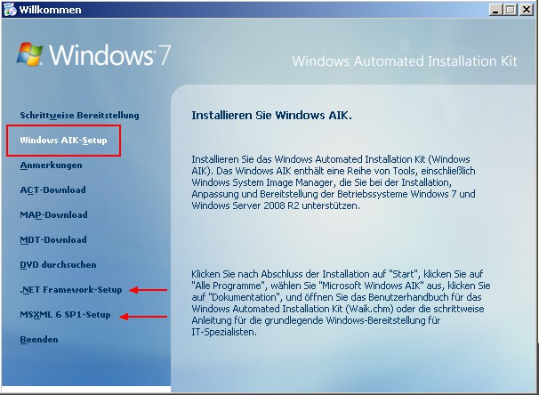 Im ersten Fenster wählt man Windows AIK-Setup Je nach Updatestand des Servers müssen ggf.
