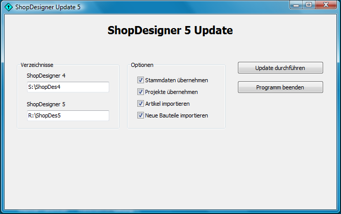 Update ShopDesigner 4 auf ShopDesigner 5 Das Update auf den neuen ShopDesigner 5 ist denkbar einfach. Hierbei können zunächst die vorhandenen Stammdaten übertragen werden.