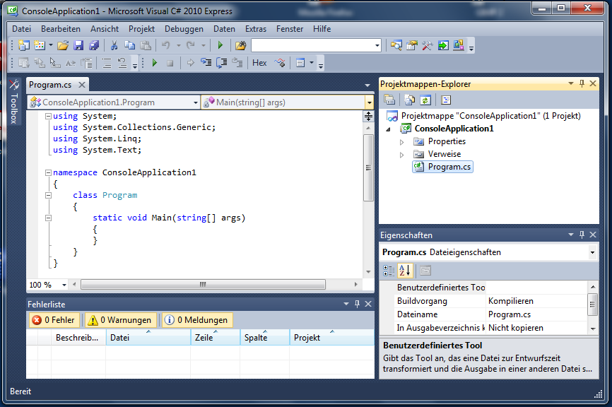 Projekt-Gerüst in Visual Studio