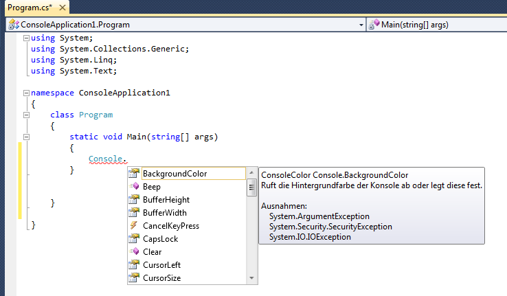 Intellisense bei der Eingabe