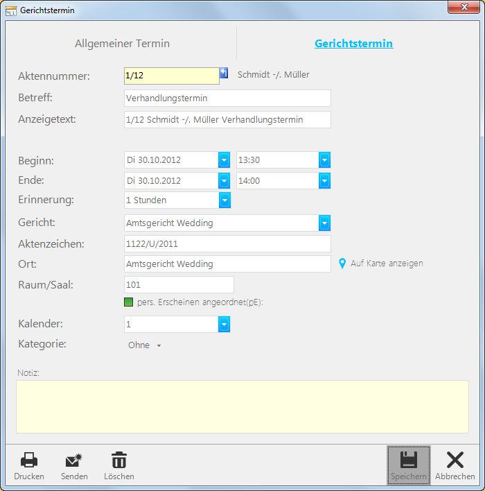 6 2 Termin neu Abb. 6: Kachel 2 Termin neu Abb. 7: Maske Gerichtstermin, Allgemeiner Termin Mit der Termin-Eingabemaske können neue Termine schnell und einfach erfasst werden.