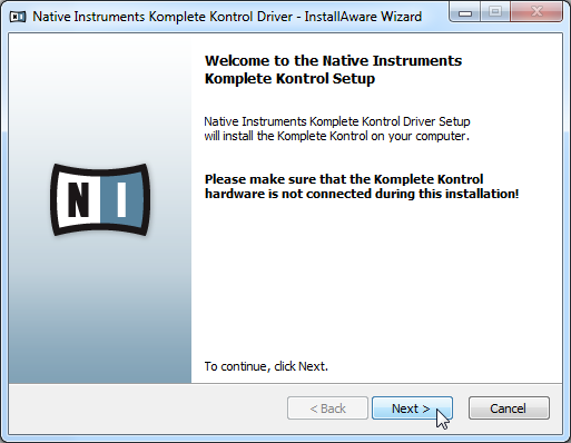KOMPLETE-KONTROL-S-SERIES-Installation ohne KOMPLETE Installation des KOMPLETE-KONTROL-S-SERIES-Hardware-Treibers unter Windows Das Willkommen-Fenster.