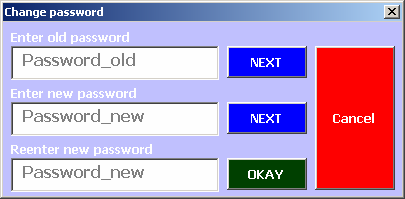 Bei Klick auf den Button "Change Password" muss zunächst das alte Passwort und dann zweimal das neue Passwort eingegeben werden.