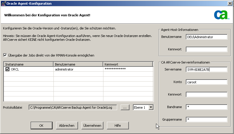 Konfigurieren des Agenten für Oracle Aktivieren der Option "Submit Job from RMAN Console" Der CA ARCserve Backup Agent für Oracle ermöglicht die Sicherung und Wiederherstellung im dateibasierten
