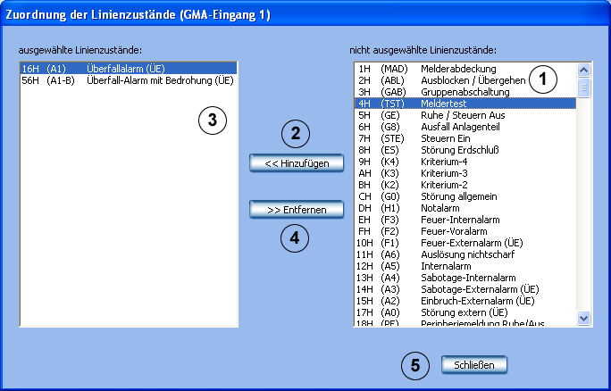 DiBos/DiBos Micro Standard-Konfiguration de 87 Linienzustände einer GMA den Eingängen zuordnen (nicht für Bosch G Series) Menue Eingänge und Ausgänge > Registerkarte GMA-Eingänge > Bereich