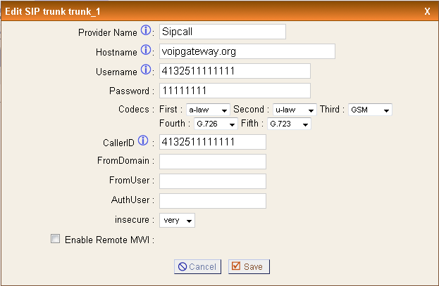 2.6 VoIP-Account einrichten 1. Unter >> Trunks >> VoIP Trunks >> Edit kann das Beispiel eines bestehenden Sipcall-Accounts angepasst werden. Abbildung 12: VoIP Trunks 2.