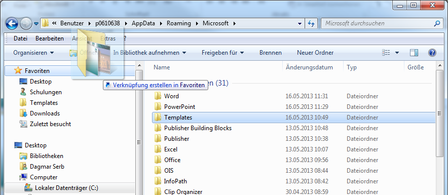 Vorlage ändern Möchten Sie die Vorlage selbst anpassen, benötigen Sie folgenden Pfad (Windows 7) zum Öffnen: C:\Benutzer\Benutzername\AppData\Roaming\Microsoft\Templates\vorlage.