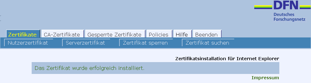 Abbildung 22: Zusammenführen eines Nutzerzertifikats Schritt 2. Firefox bestätigt danach direkt den erfolgreichen Import mit einer entsprechenden Hinweisbox (Abbildung 23).