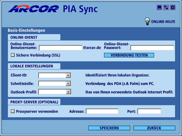 Basiseinstellungen Online-Dienst Benutzername und Passwort: Unter Online-Dienst Benutzername geben Sie den gleichen Namen ein, den Sie für die Anmeldung zu Ihrem PIA (Arcor Online Dienst) benutzen,