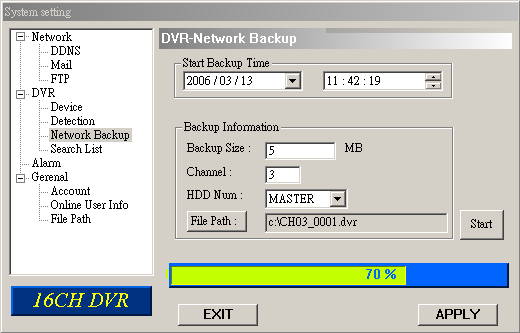 Netzwerk-Backup Backup der aufgenommenen Dateien vom DVR auf den PC über Netzwerk. Backupinformation eingeben Drücke Start Success / Erfolg Convert / Konvertieren Play File / Datei wiedergeben.